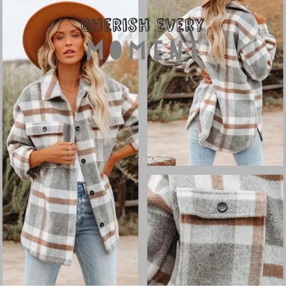 New Thick woolen plaid flannel button down  jacket - Picture 2 of 6